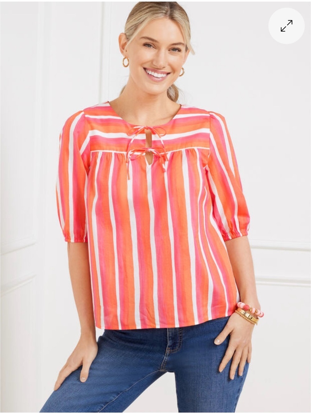 Talbots Coral and Pink Striped Tie-Neck Blouse
